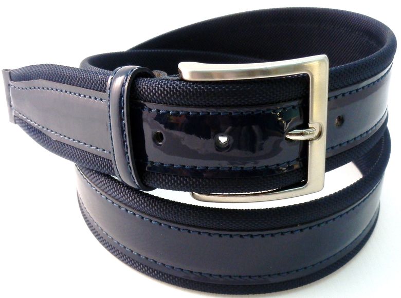 Cintura in tela + pelle Vernice - Blu - mm 40